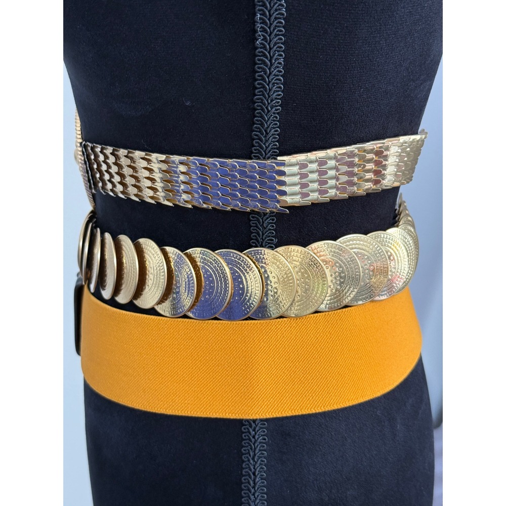 Vintage Gold Tone Metal Coin Scale Link and‎ Mustard Yellow Elastic Belt Set 3pc - Picture 9 of 16
